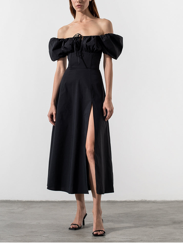 black off-shoulder midi dress