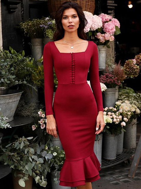 burgundy bandage long sleeve midi dress