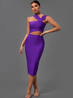 purple bodycon midi dress with cut-out detail