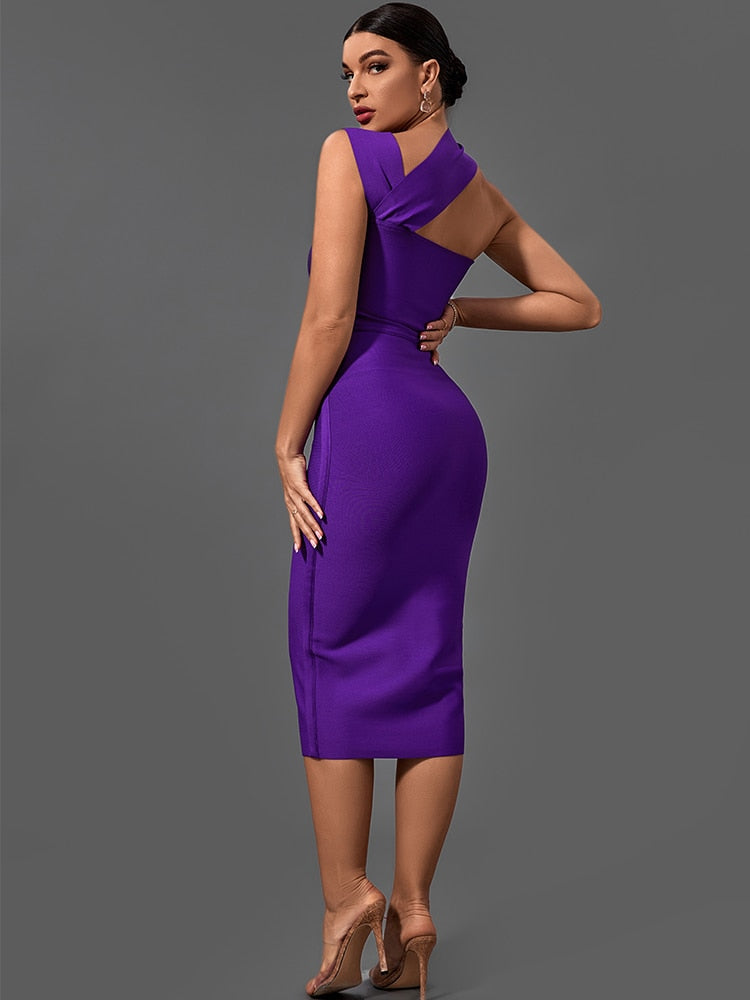 purple bodycon midi dress with cut-out detail