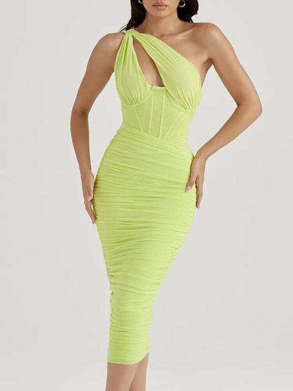 light green ruched midi dress