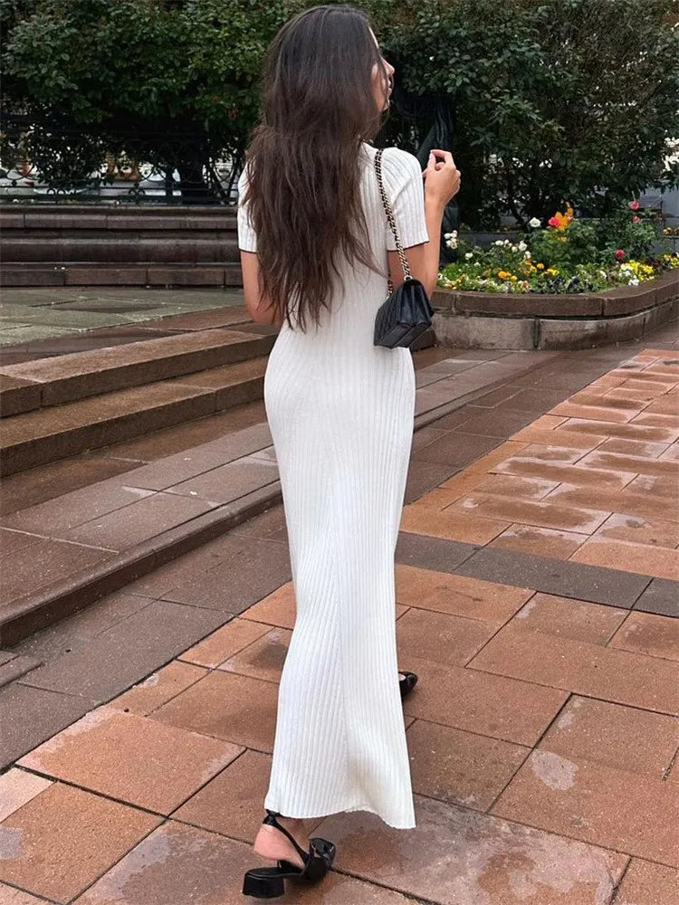 white rib knit maxi flared dress