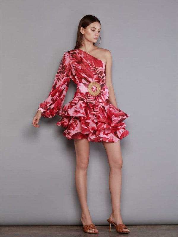 one shoulder ruffled mini dress