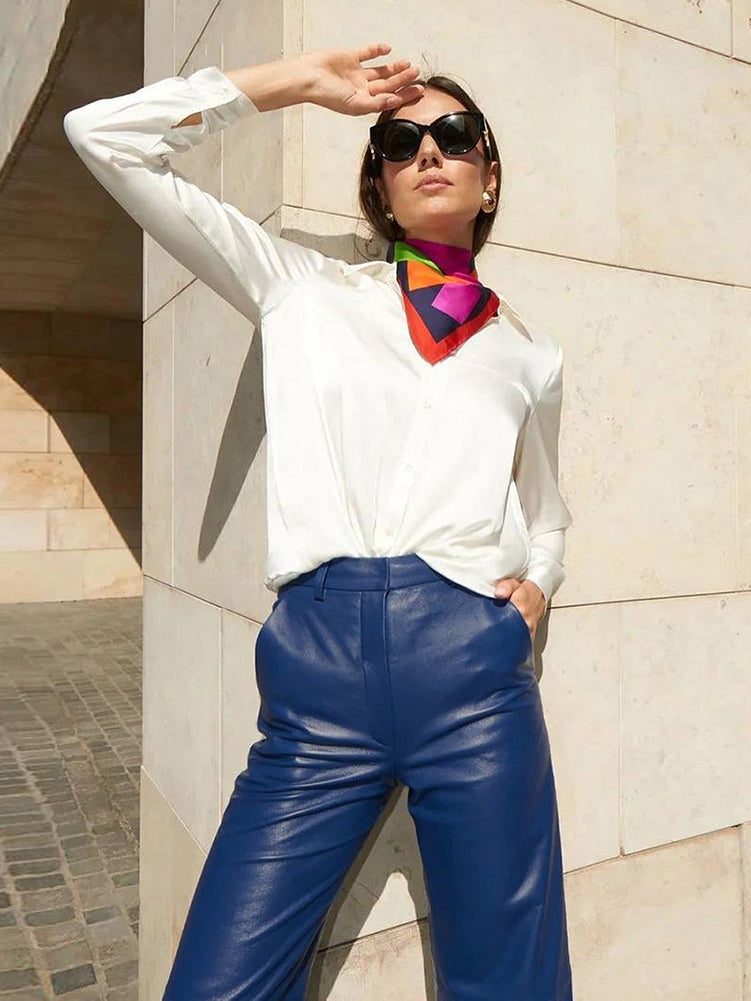 blue faux leather pants