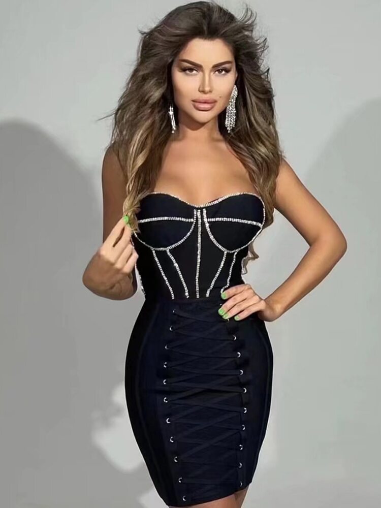 black bandage mini dress with rhinestones