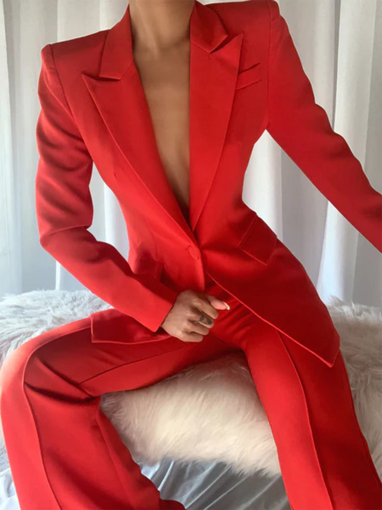 red tailored suit