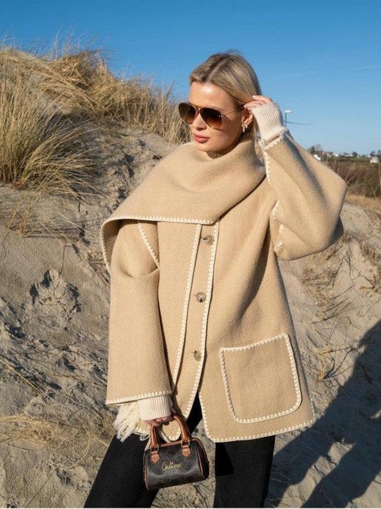 beige scarf detail coat