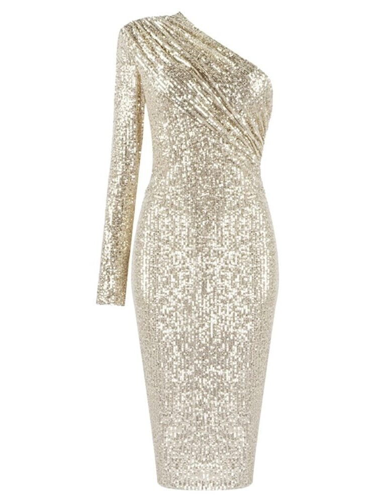 one-shoulder gold sequin dress