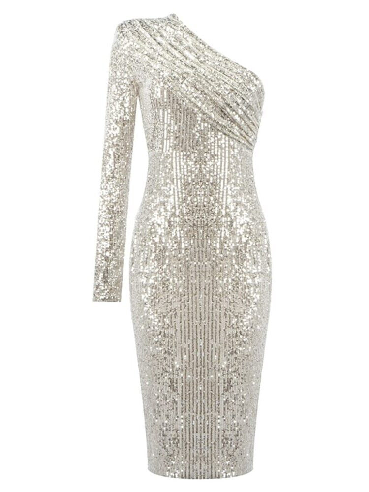 one-shoulder silver sequin dress