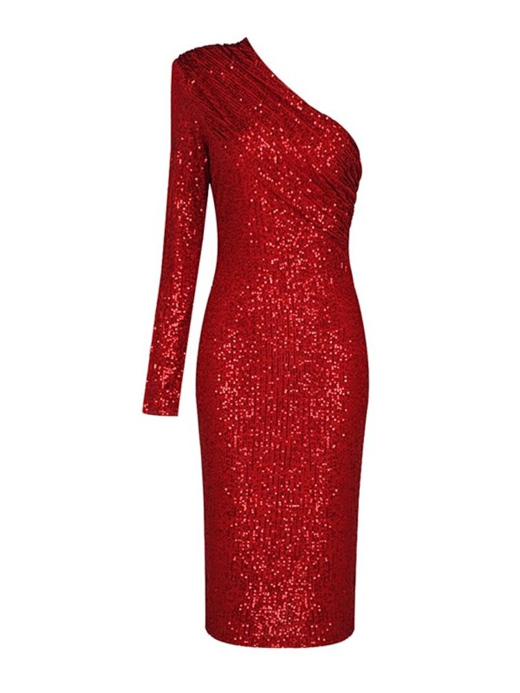 one-shoulder red sequin dress