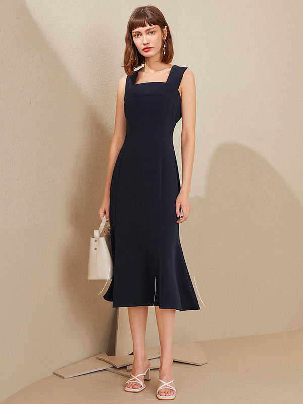 blue navy midi flared dress