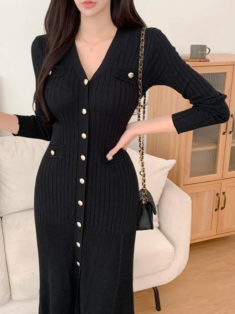 black knitted flared midi dress