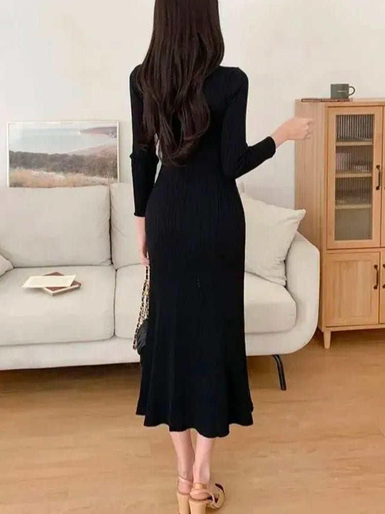 black knitted flared midi dress