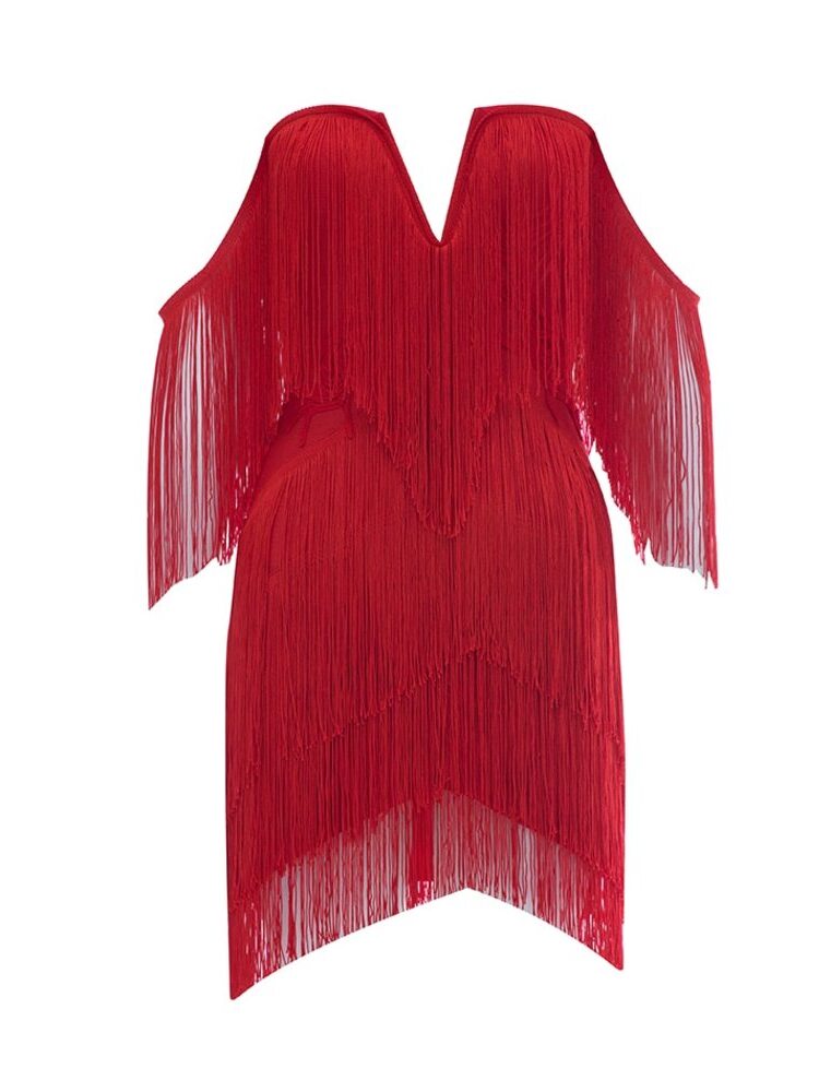 red off-shoulder  mini dress with fringe