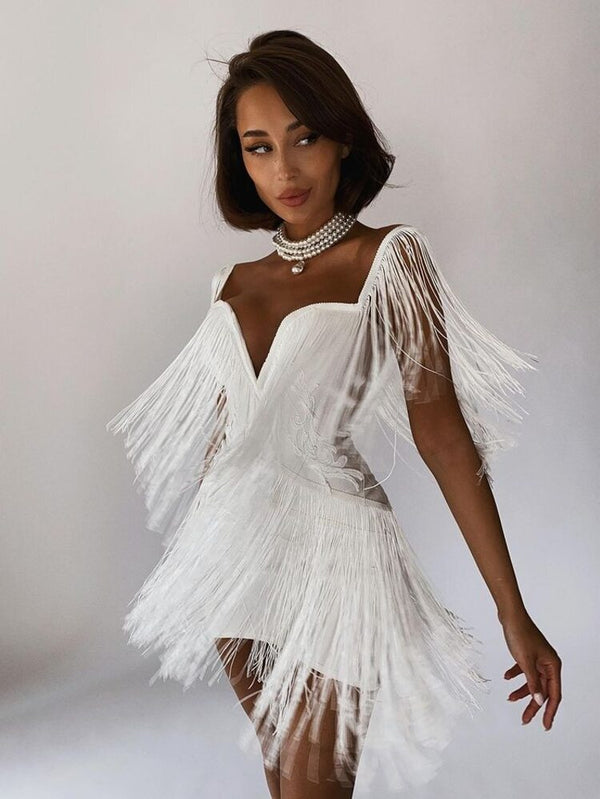 white off-shoulder  mini dress with fringe