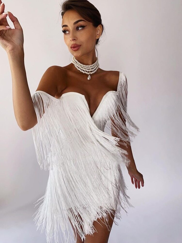 white off-shoulder  mini dress with fringe