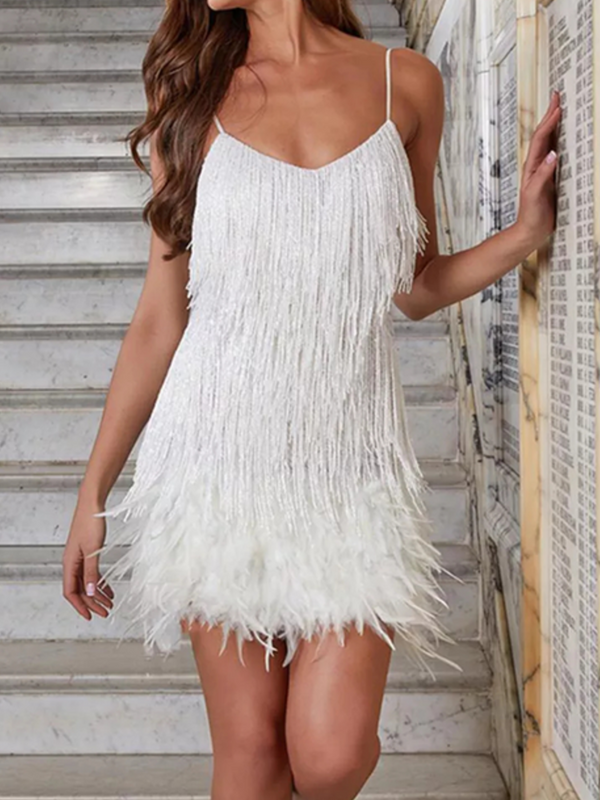 white feather-trimmed mini dress