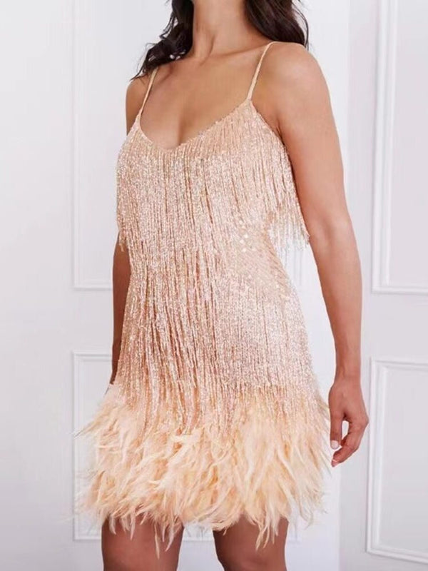 champagne feather-trimmed mini dress