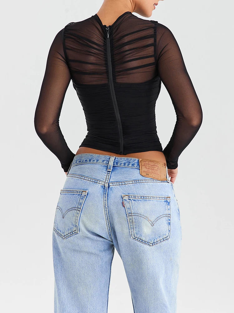 black sheer mesh layered top back