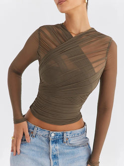 khaki sheer mesh layered top