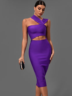 purple bodycon midi dress with cut-out detail